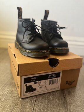 Dr. Martens Kids Black Patent Leather Lace-Up Boots with Yellow Stitching